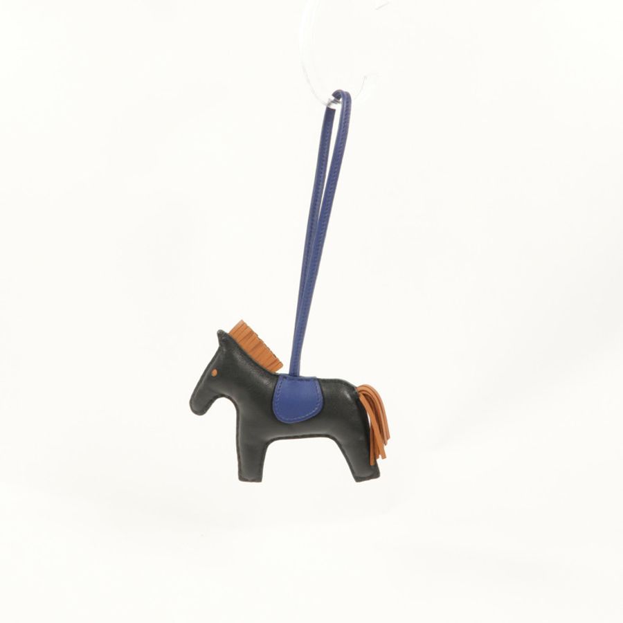 HERMES Milo皮革Rodeo MM掛飾Noir/Gold/Bleu Saphir-8