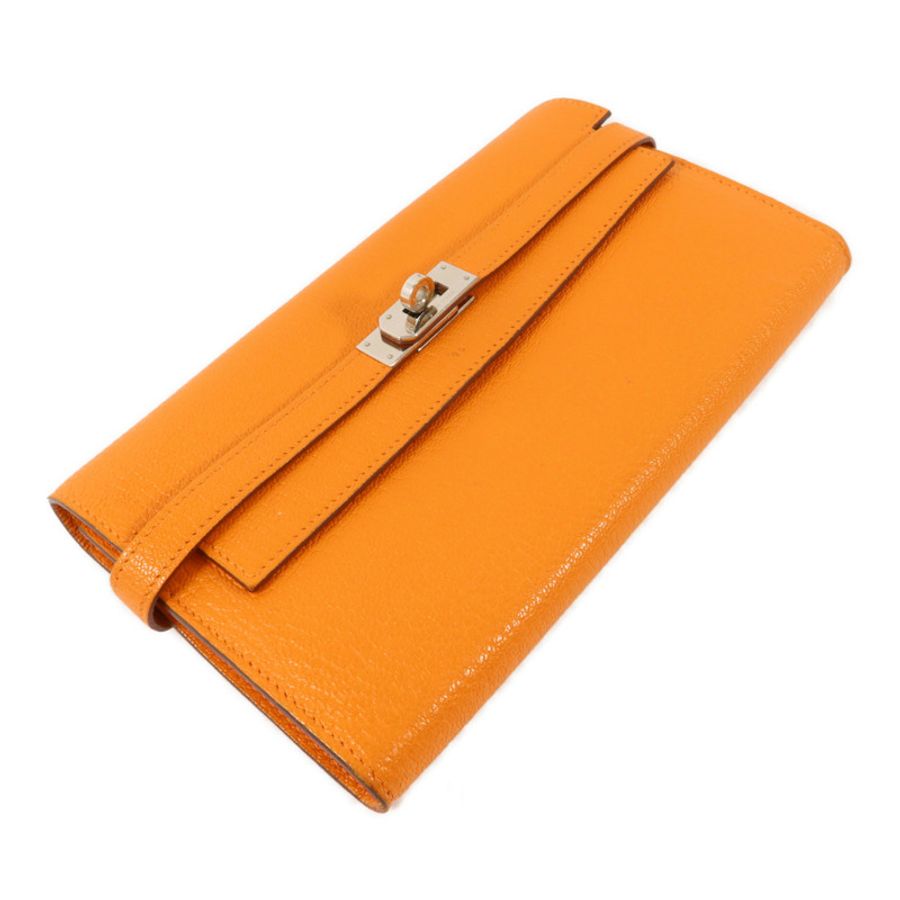 HERMES Chevre皮革Kelly Long Wallet長錢包Orange-2