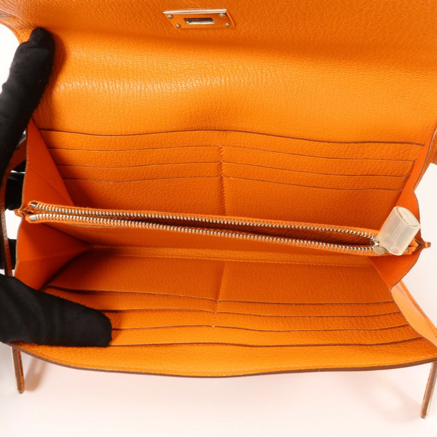 HERMES Chevre皮革Kelly Long Wallet長錢包Orange-4