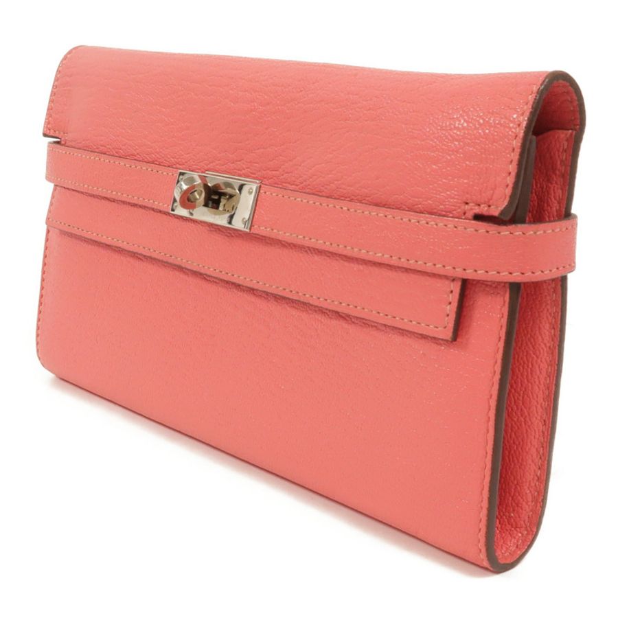 HERMES Chevre皮革Kelly Long Wallet長錢包Rose Lipstick-2