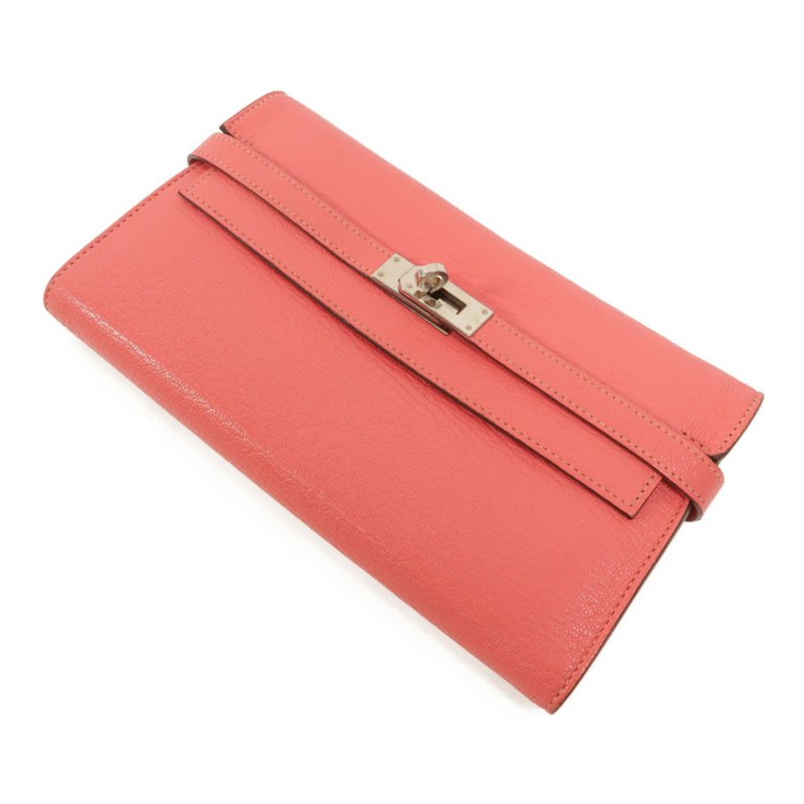 HERMES Chevre皮革Kelly Long Wallet長錢包Rose Lipstick-4