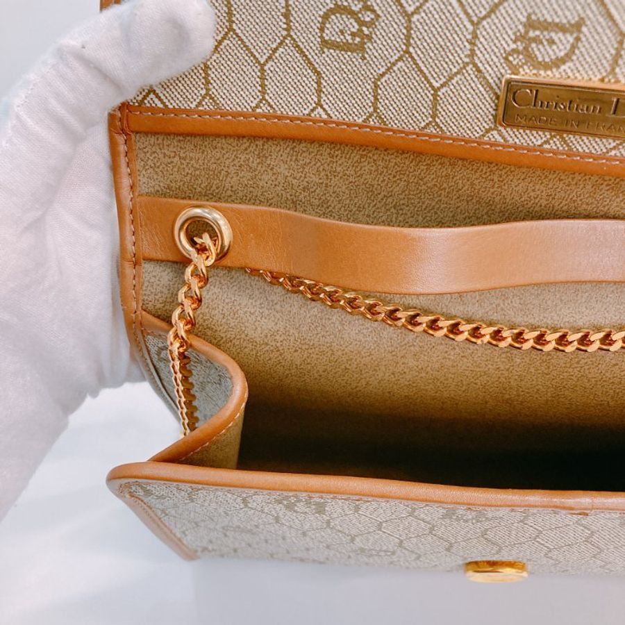 MS0752 Christian Dior 迪奧 中古 蜂巢 蜂窩 鏈條包 棕色/啡色 金扣 Vintage Honeycomb Chain Shoulder Bag PVC Beige/Brown x GHW (90new)(NIL) 1200-16