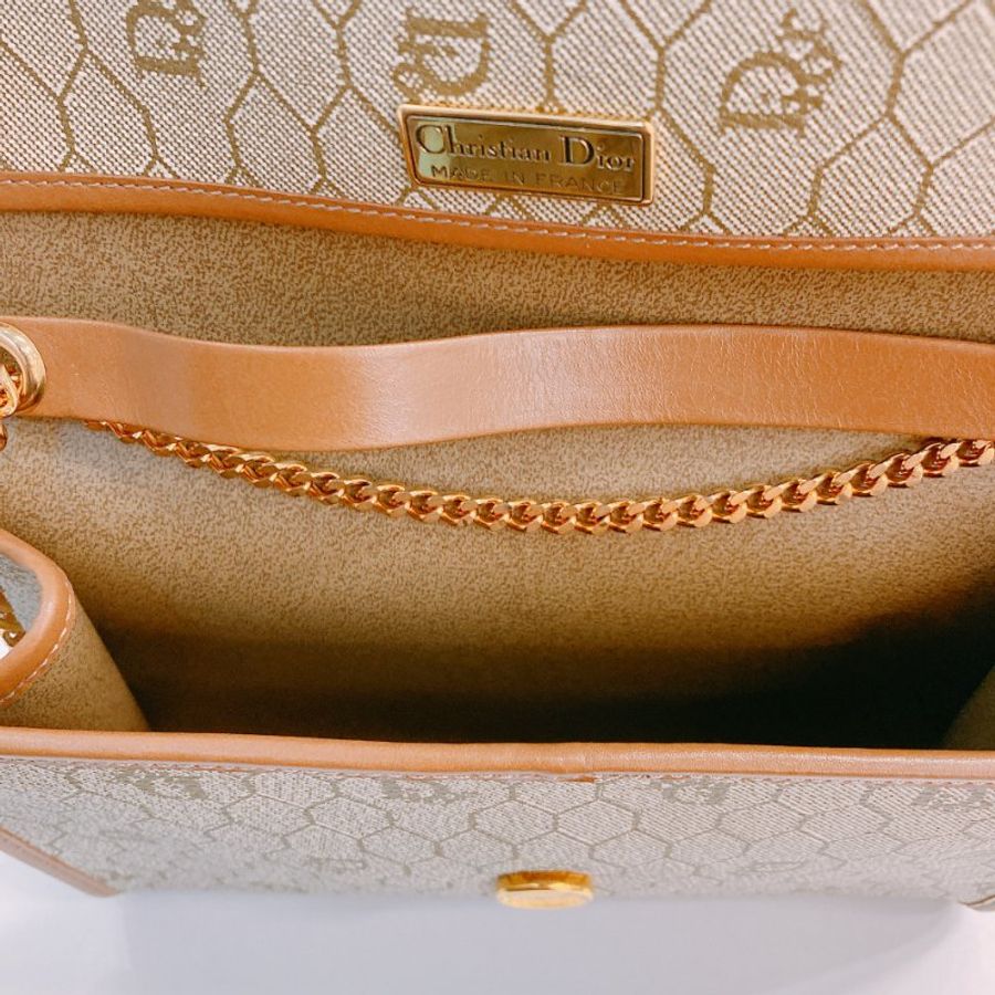 MS0752 Christian Dior 迪奧 中古 蜂巢 蜂窩 鏈條包 棕色/啡色 金扣 Vintage Honeycomb Chain Shoulder Bag PVC Beige/Brown x GHW (90new)(NIL) 1200-17