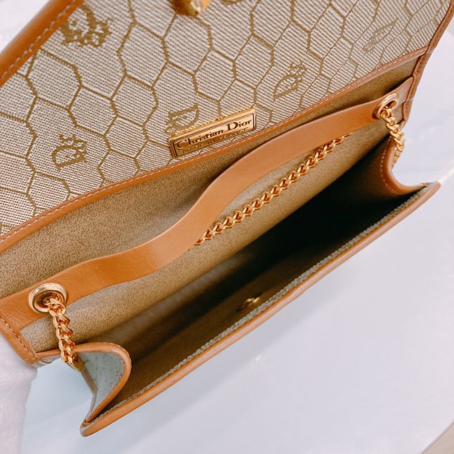 MS0752 Christian Dior 迪奧 中古 蜂巢 蜂窩 鏈條包 棕色/啡色 金扣 Vintage Honeycomb Chain Shoulder Bag PVC Beige/Brown x GHW (90new)(NIL) 1200-19