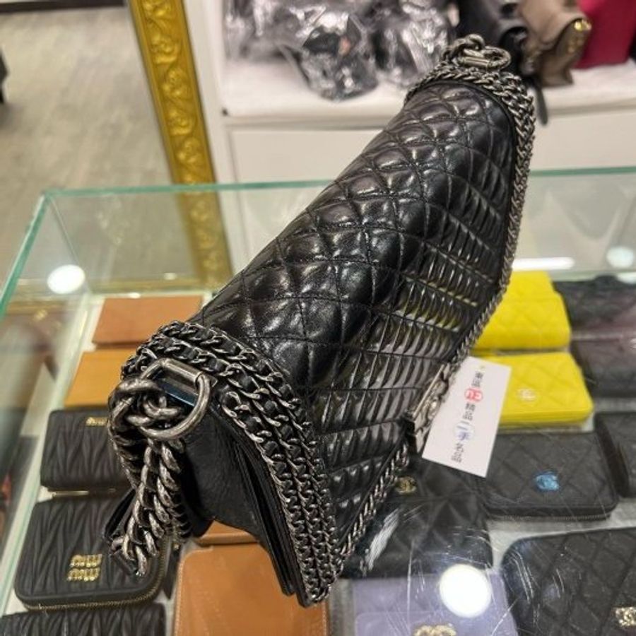 東區正精品㊣CHANEL A92193 Boy 28cm 香奈兒黑色仿舊牛皮銀鍊皮穿鍊肩背包斜背包 RZ6510-5