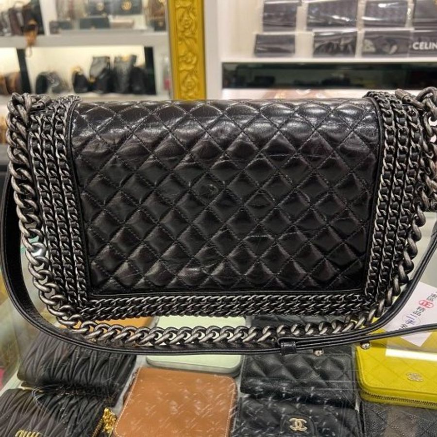 東區正精品㊣CHANEL A92193 Boy 28cm 香奈兒黑色仿舊牛皮銀鍊皮穿鍊肩背包斜背包 RZ6510-6
