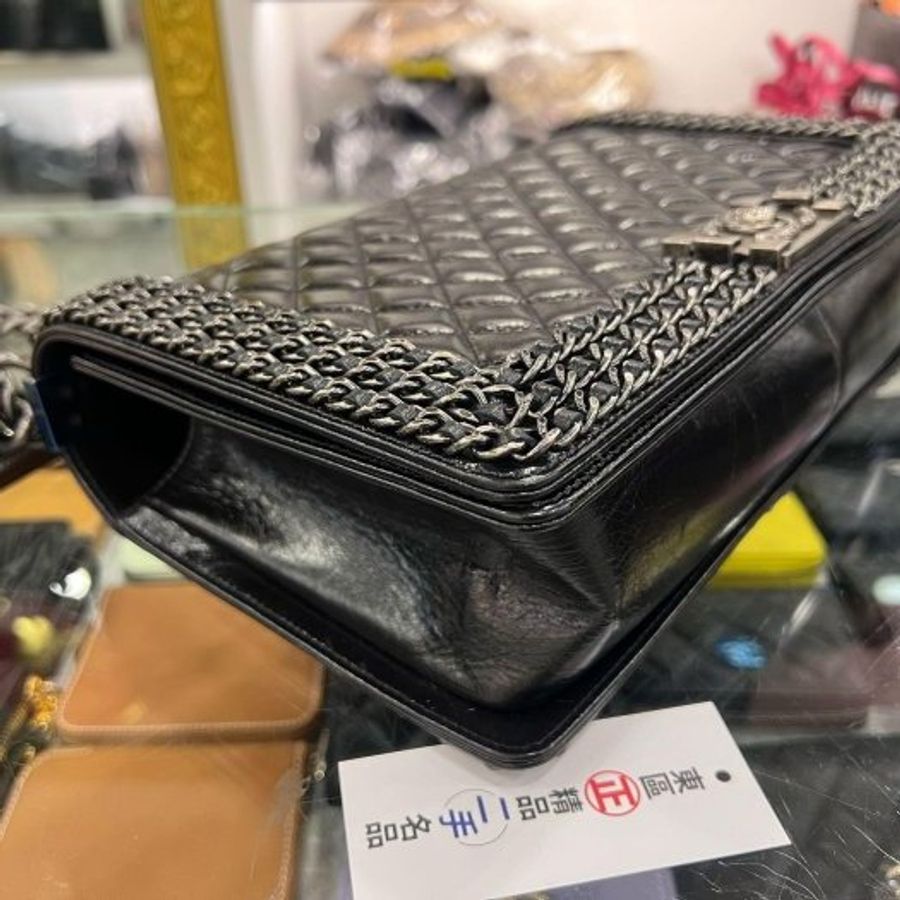 東區正精品㊣CHANEL A92193 Boy 28cm 香奈兒黑色仿舊牛皮銀鍊皮穿鍊肩背包斜背包 RZ6510-8
