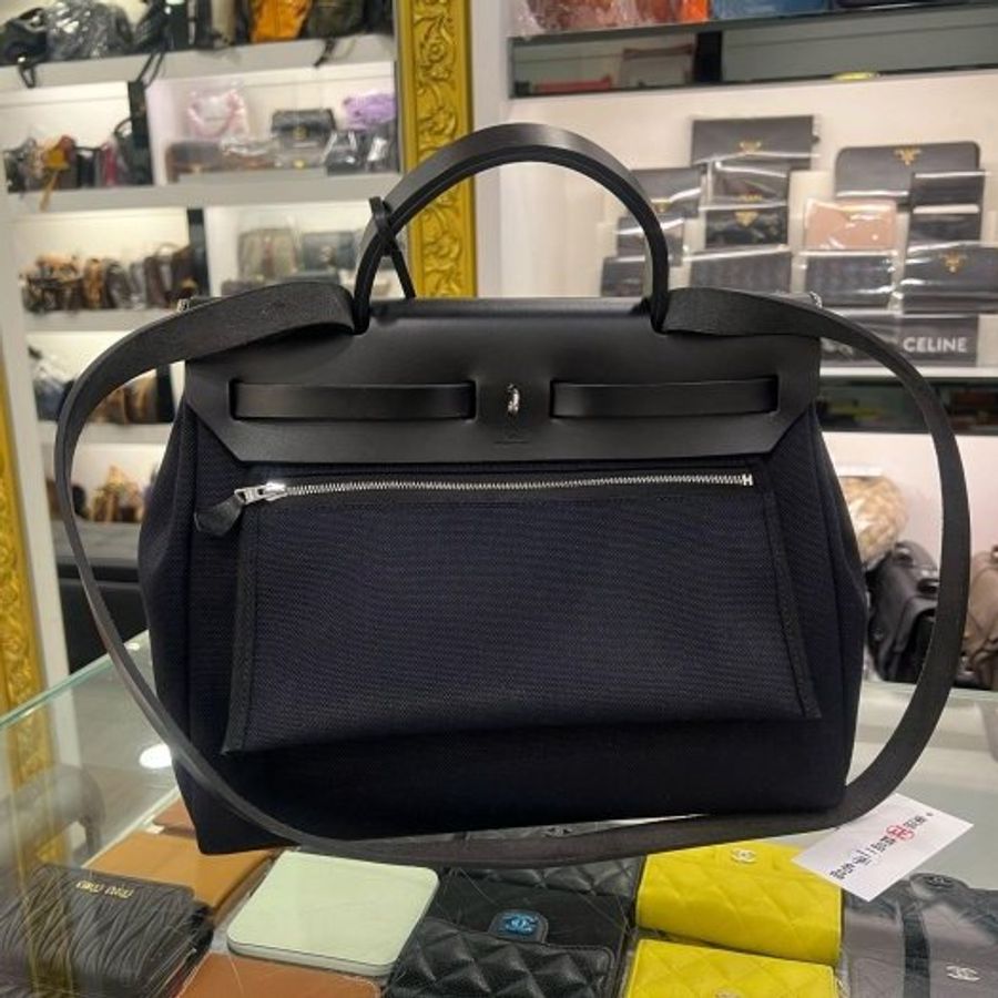 東區正精品㊣HERMES ZIP HERBAG 31cm 愛馬仕黑色帆布拼皮革銀釦手提包肩背包 B刻 RZ6511-4