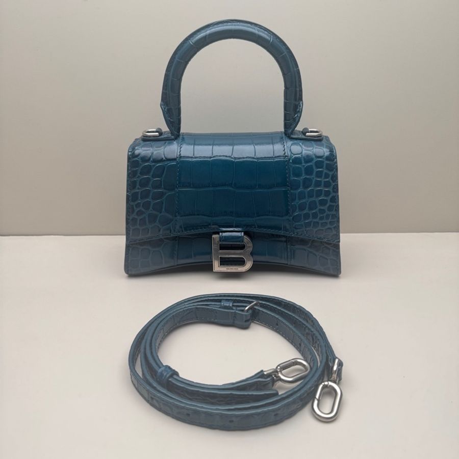 XS號 巴黎世家/Balenciaga 藍色牛皮鰐魚壓紋沙漏包-0
