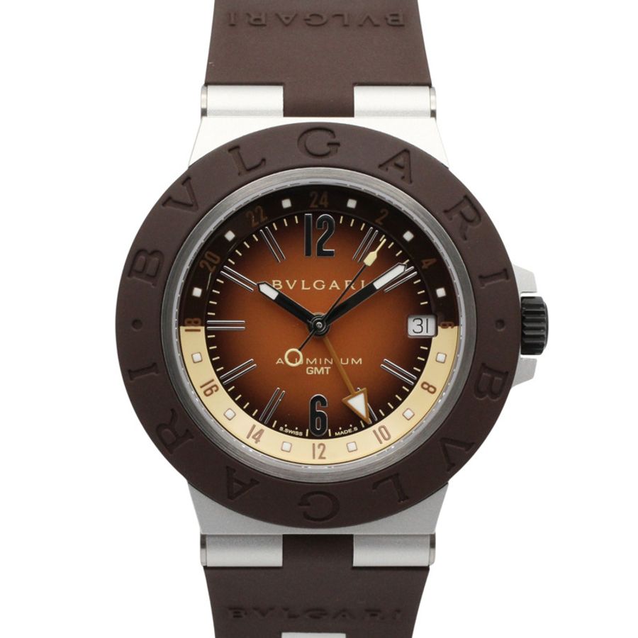 寶格麗 (Bulgari) BVLGARI 鋁製 GMT 腕錶,橡膠錶帶,鋁製錶殼,男士,棕色,BB40ATGMT-0