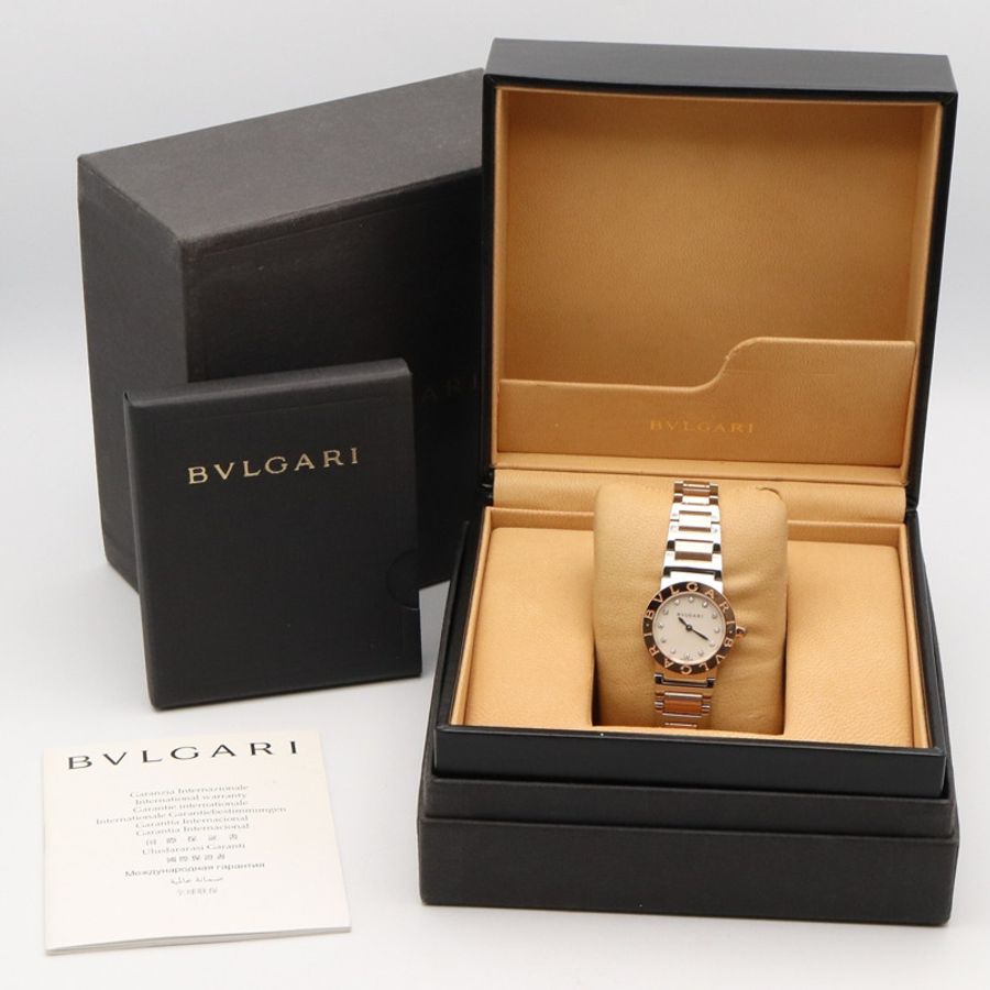 寶格麗 (Bulgari) BVLGARI 女士腕錶,18K玫瑰金 (Prop Gold) 精鋼鑲鑽,白色錶殼,型號 BBLP26SG-9
