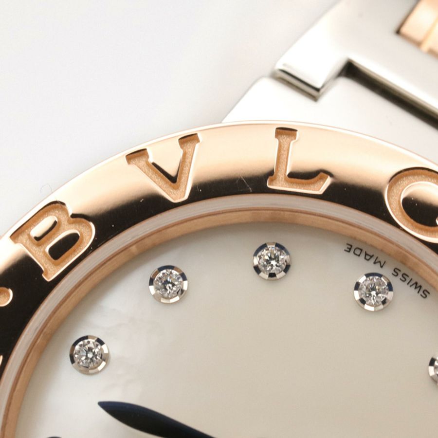 寶格麗 (Bulgari) BVLGARI 女士腕錶,18K玫瑰金 (Prop Gold) 精鋼鑲鑽,白色錶殼,型號 BBLP26SG-10