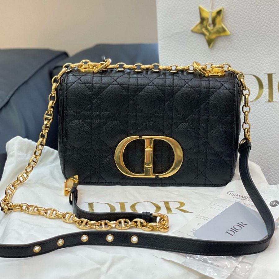 迪奧/Dior Caro黑金牛皮小號藤格紋鏈條包-0