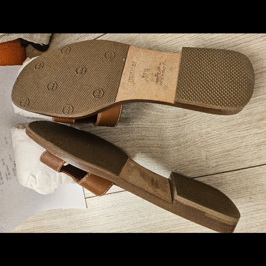 HERMES ORAN 經典H字金棕拖鞋/涼鞋-3