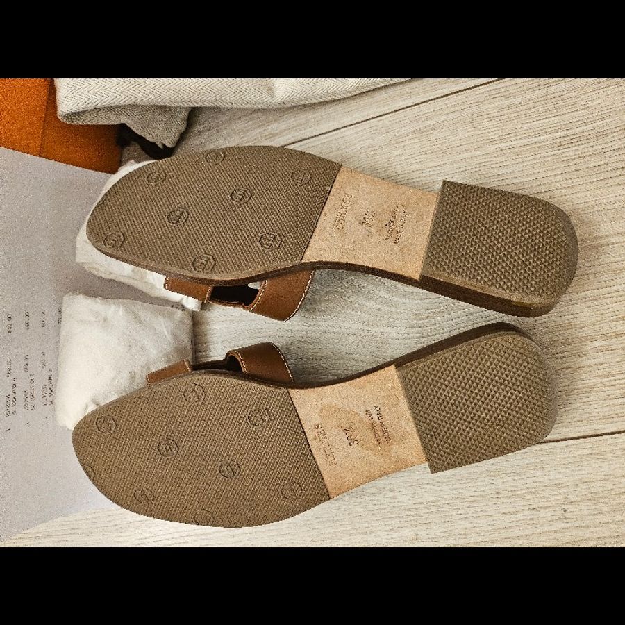 HERMES ORAN 經典H字金棕拖鞋/涼鞋-5