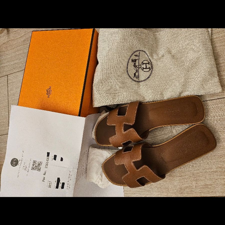 HERMES ORAN 經典H字金棕拖鞋/涼鞋-6