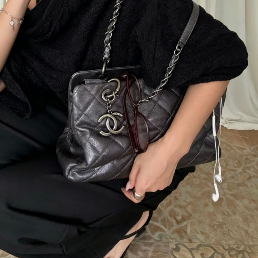 CHANEL香奈兒黑銀荔枝牛皮托特包🈶保卡 99新閒置-21