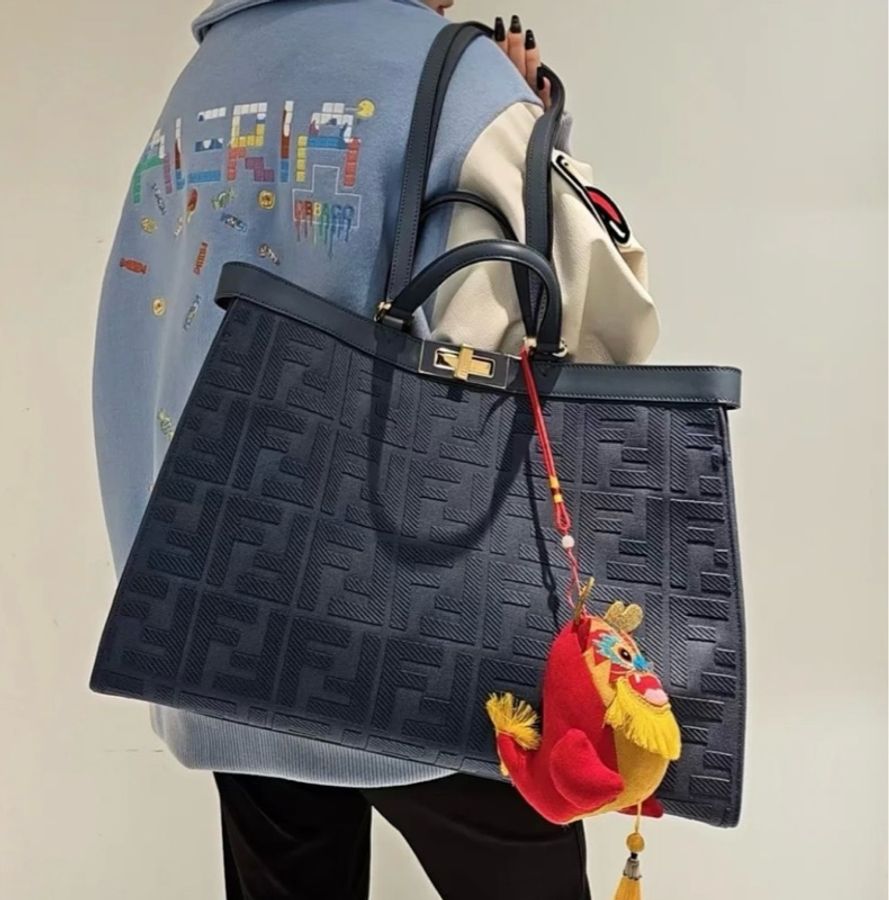 ✨Fendi芬迪|深牛仔藍Peekaboo X-Tote 雙F滿老花刺繡2way手提/單肩托特包|98新-0