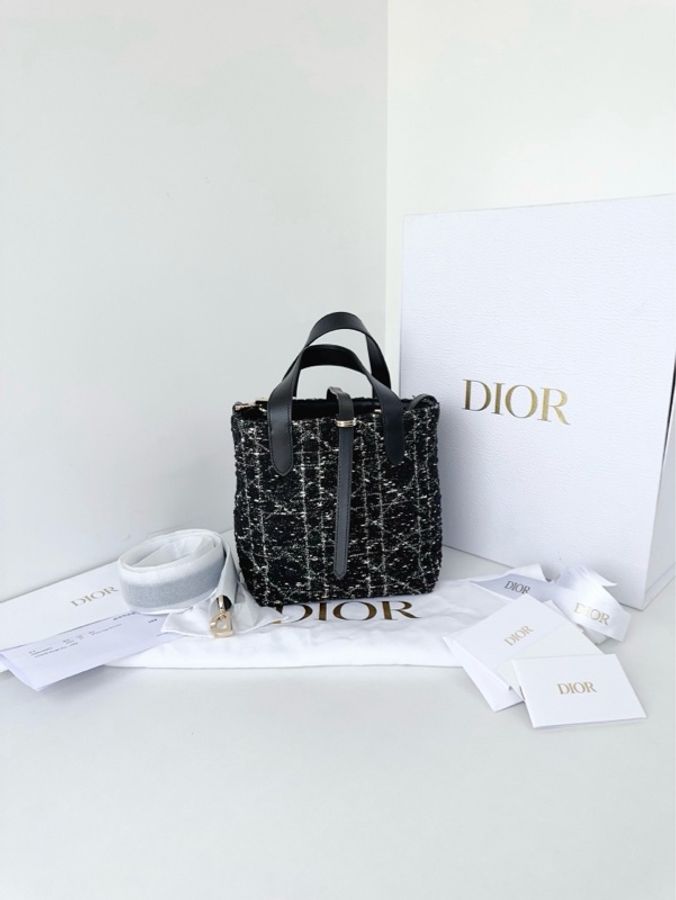 ✨Dior迪奧|黑白粗花呢Toujours土著菜籃子 新款配色帶斜挎肩帶|小號|99新全配購證✅-2