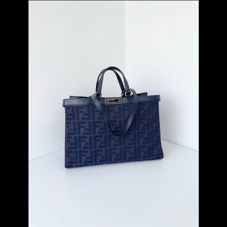 Fendi芬迪 深牛仔藍Peekaboo X-Tote 雙F滿老花刺繡2way手提/單肩托特包 98新✨️-3