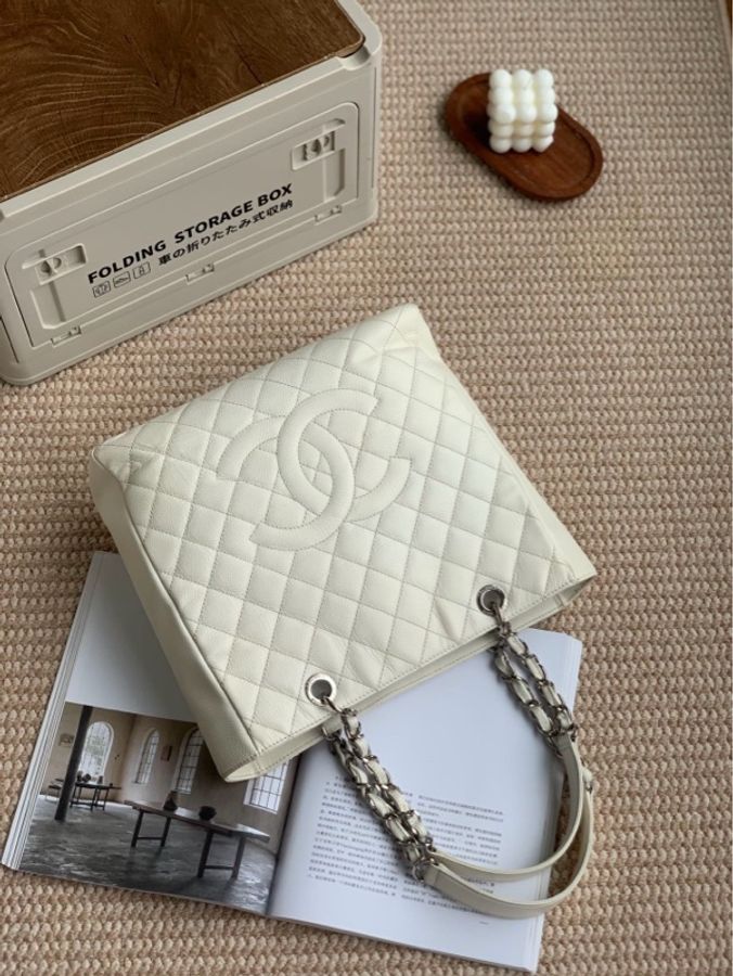 chanel香奈兒 gst白色荔枝紋牛皮材質 銀色五金 17開 有卡-2