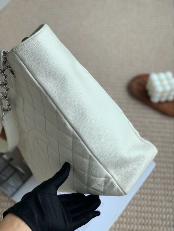 chanel香奈兒 gst白色荔枝紋牛皮材質 銀色五金 17開 有卡-5