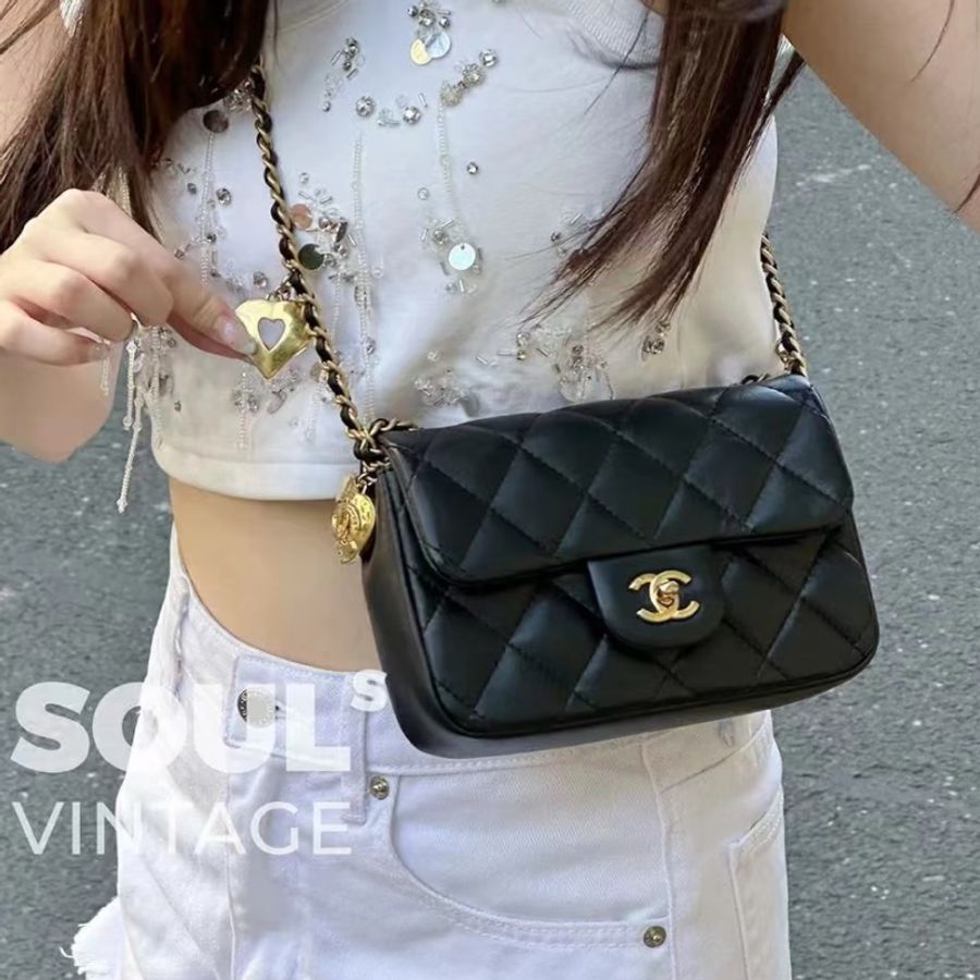 甜酷千金風🖤💕Chanel香奈兒黑金全皮菱格cf大mini愛心鏈條單肩斜挎包-1