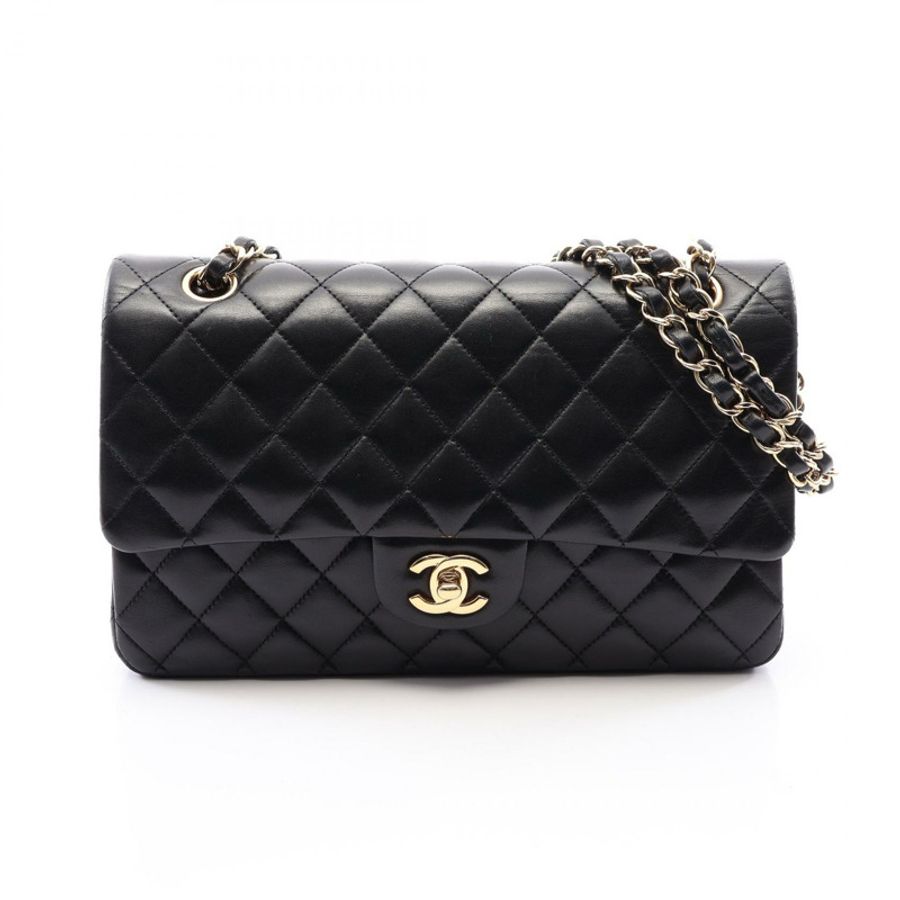 香奈兒 (CHANEL) 絎縫雙蓋鏈條肩背包,羊皮材質,黑色,金色五金,二手-0