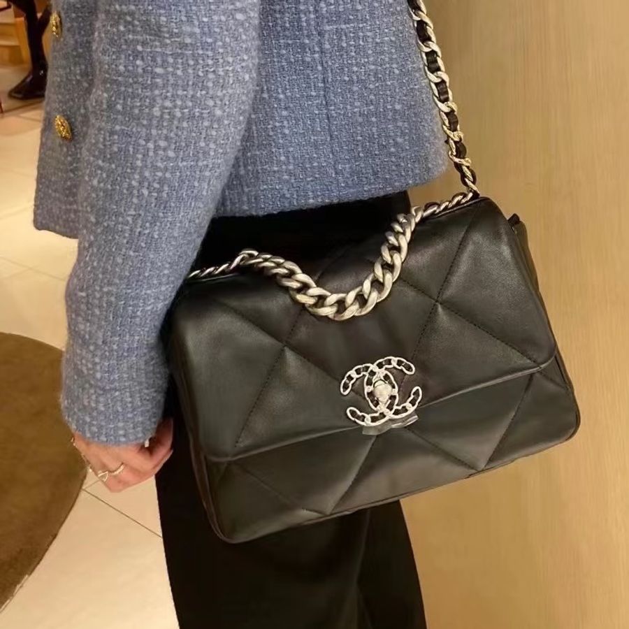 絕美熱門款❤️🔥Chanel香奈兒黑銀全皮菱格紋小號19bag雙色鏈條手提單肩斜挎包-2