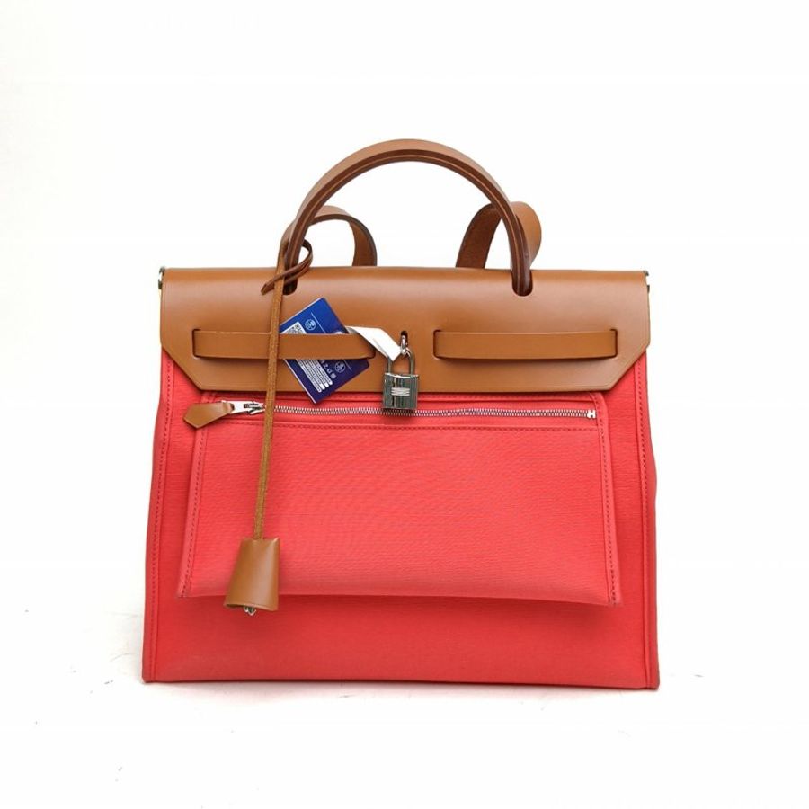 HERMES Herbag31心紅色帆布/牛皮D刻銀扣肩背包-2
