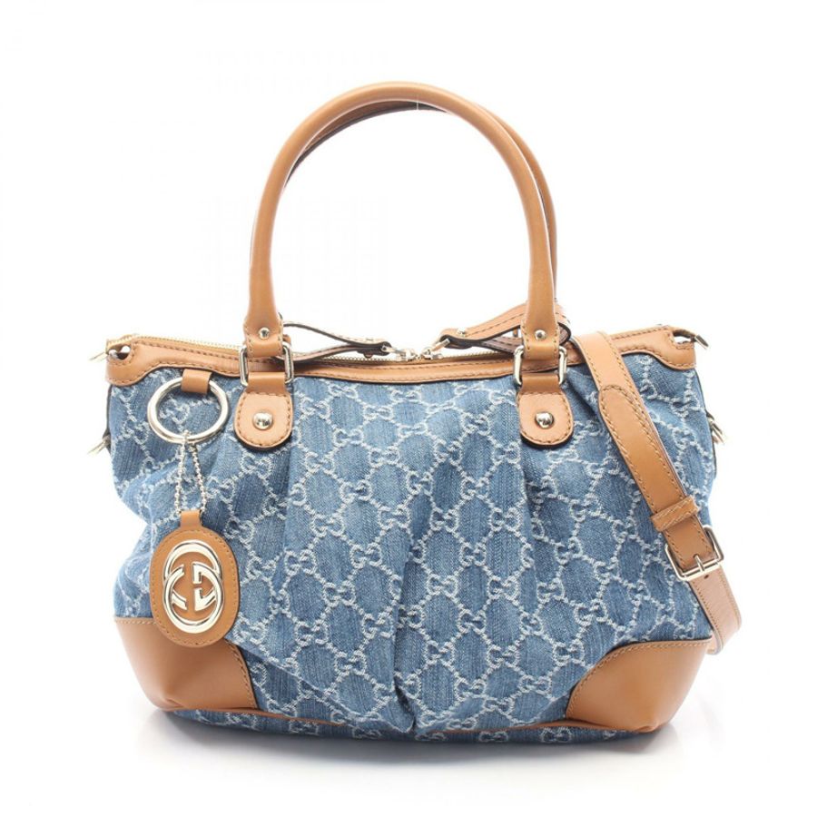 GUCCI Sukey GG 圖案單肩斜挎包 247902 牛仔藍駝色 二手-0