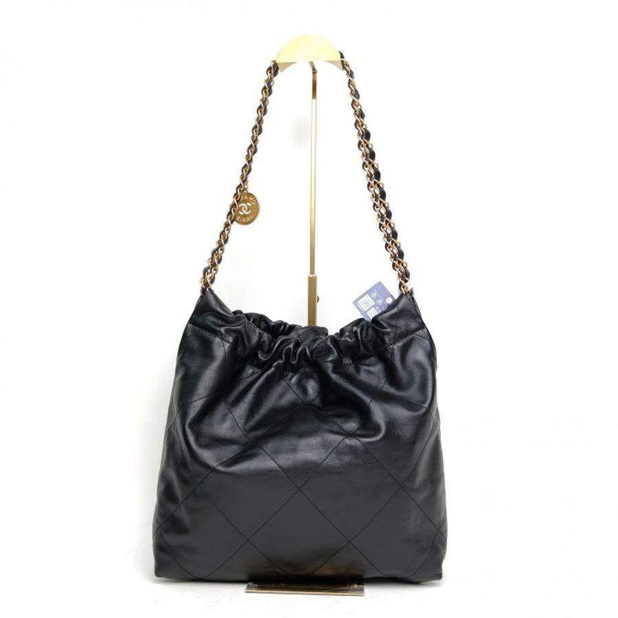 CHANEL 22BagTote托特包小號黑色牛皮晶片白扣肩背包-2