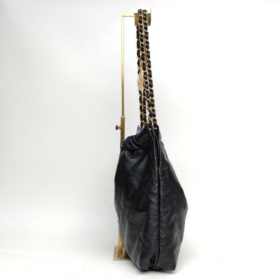 CHANEL 22BagTote托特包小號黑色牛皮晶片白扣肩背包-3