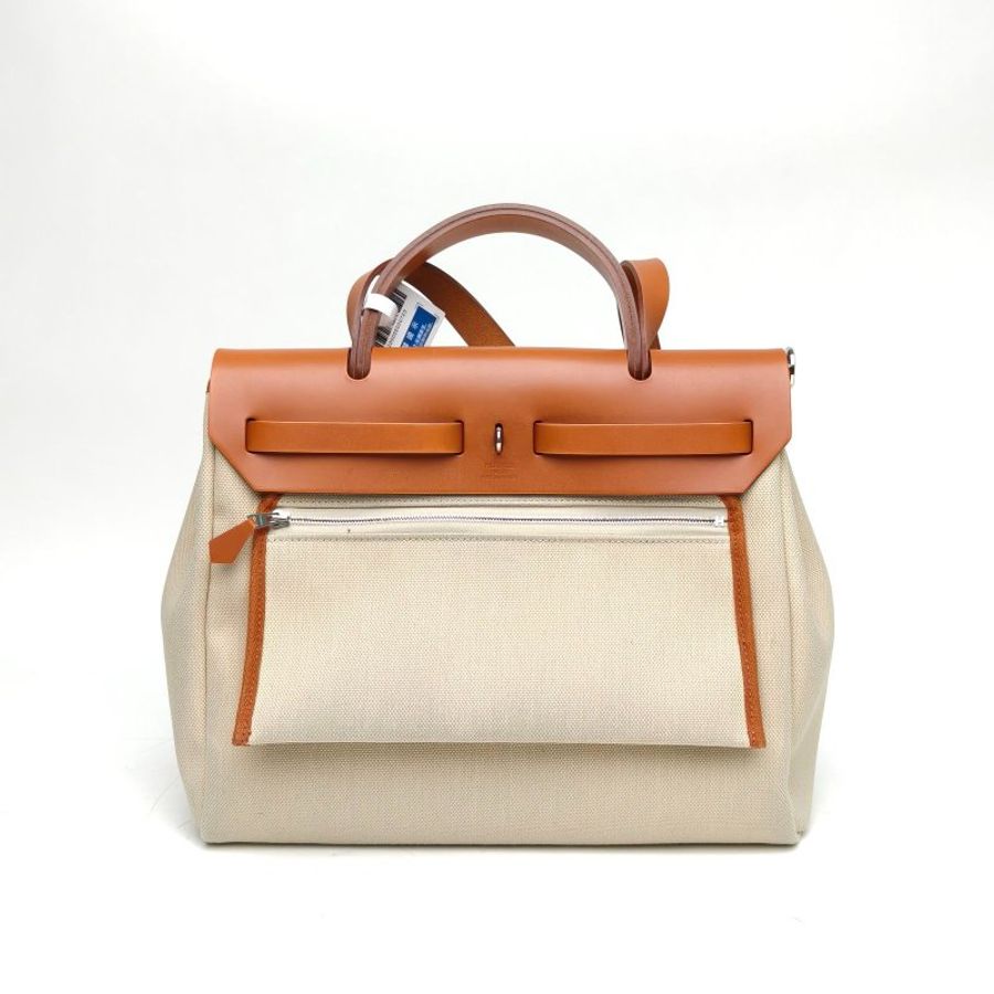 HERMES Herbag31冰川白拼黃褐色帆布/牛皮B刻銀扣肩背包-2