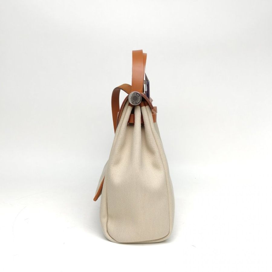 HERMES Herbag31冰川白拼黃褐色帆布/牛皮B刻銀扣肩背包-3