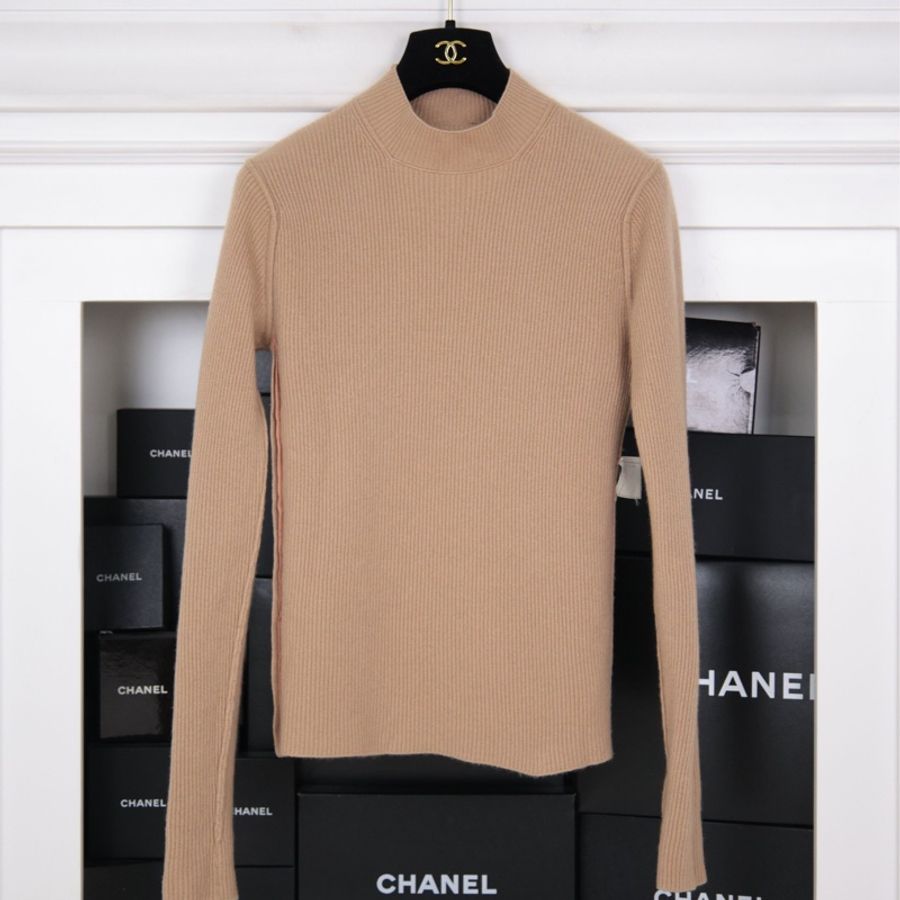Chanel 96年燕麦色山羊绒侧边金扣滚边半高领针织套头毛衣上衣-2