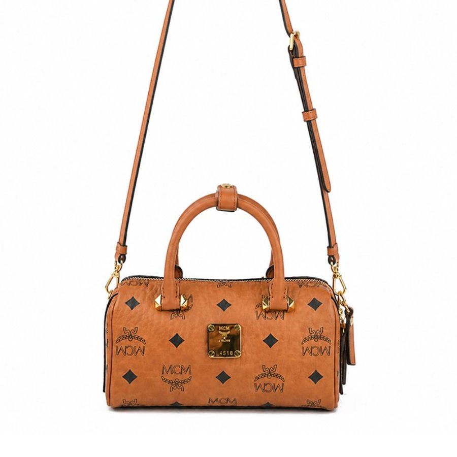 KÉSH 凱仕精品|MCM Boston Bag 迷你波士頓包|Visetos Original Cognac 焦糖棕色 24K金釦-0