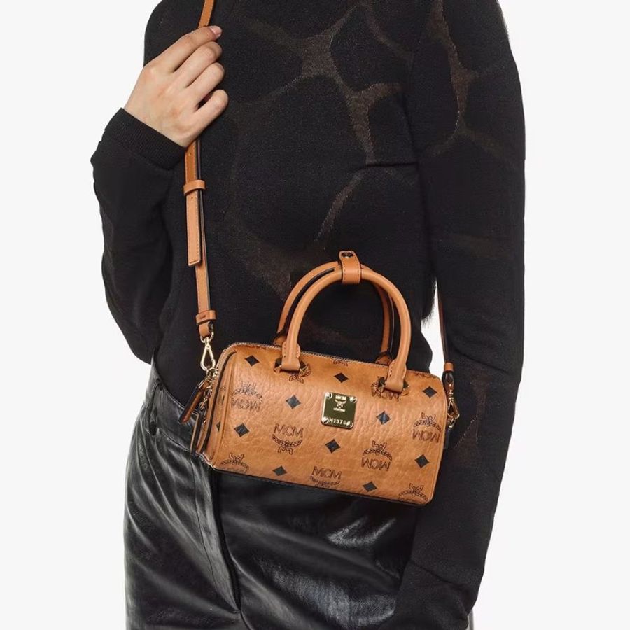 KÉSH 凱仕精品|MCM Boston Bag 迷你波士頓包|Visetos Original Cognac 焦糖棕色 24K金釦-2