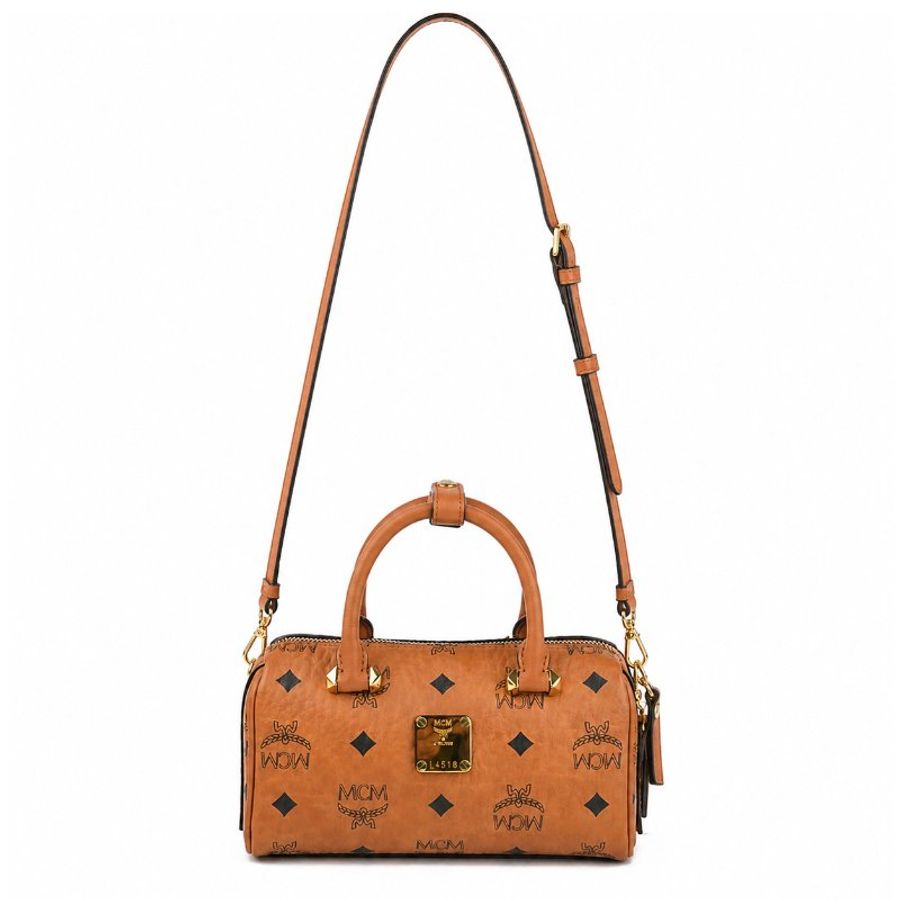 KÉSH 凱仕精品|MCM Boston Bag 迷你波士頓包|Visetos Original Cognac 焦糖棕色 24K金釦-4