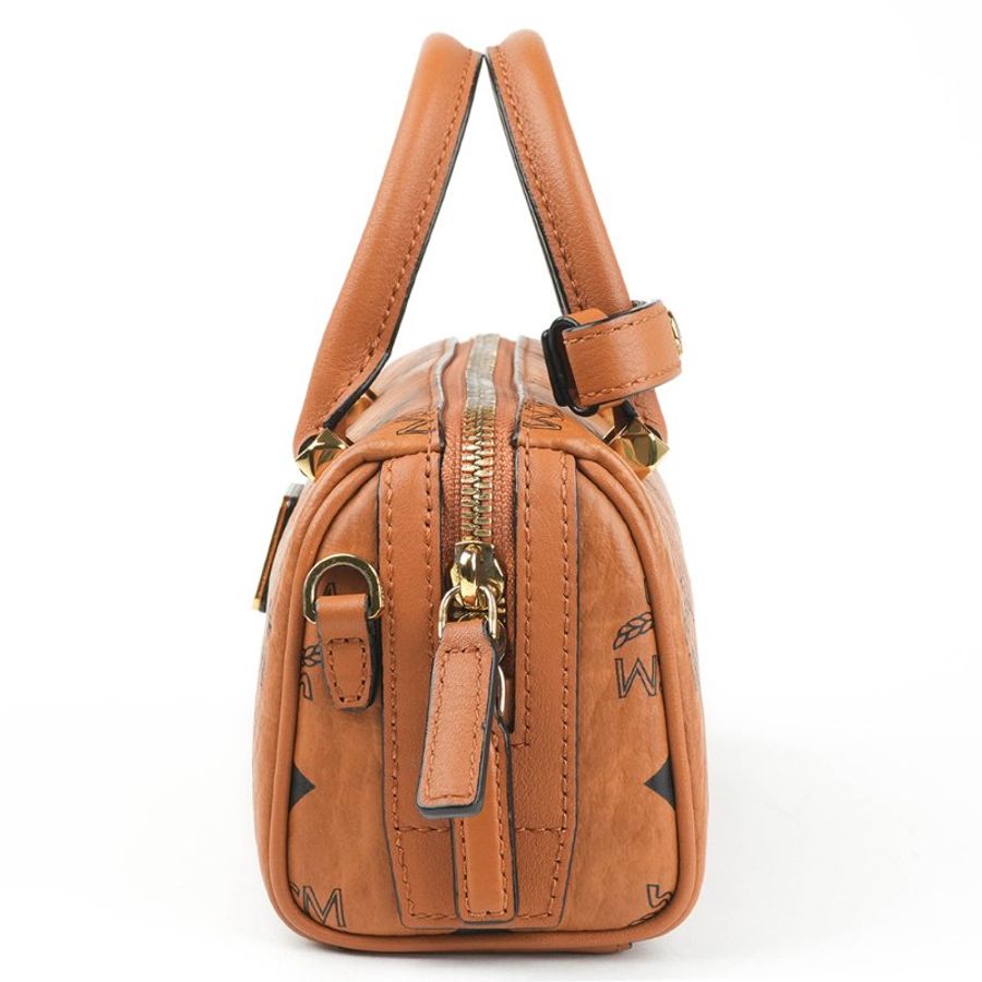 KÉSH 凱仕精品|MCM Boston Bag 迷你波士頓包|Visetos Original Cognac 焦糖棕色 24K金釦-7
