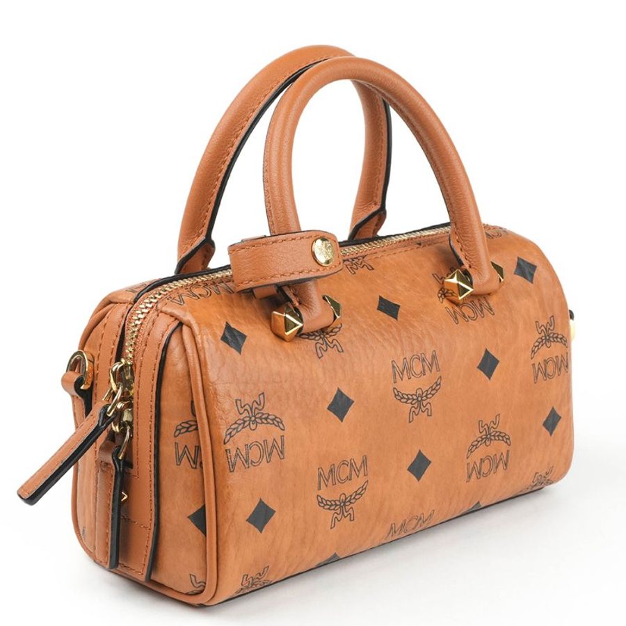 KÉSH 凱仕精品|MCM Boston Bag 迷你波士頓包|Visetos Original Cognac 焦糖棕色 24K金釦-8