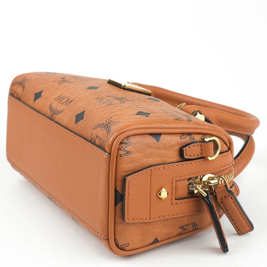 KÉSH 凱仕精品|MCM Boston Bag 迷你波士頓包|Visetos Original Cognac 焦糖棕色 24K金釦-15