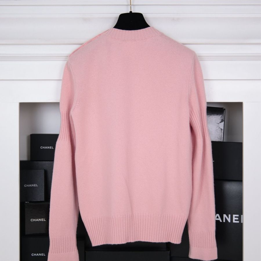 Chanel 15年樱花粉山羊绒书包扣针织套头毛衣外套-5
