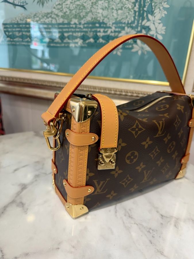 LV 原花SideTrunkMM金釦一字拉手提肩斜背包M46358-3