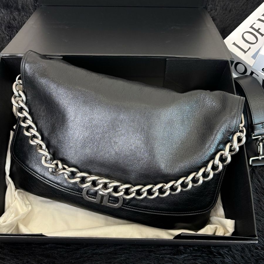 Balenciaga 巴黎世家BB Soft Flap金屬扣小牛皮鏈條包大號單肩包斜挎包 銀扣-0