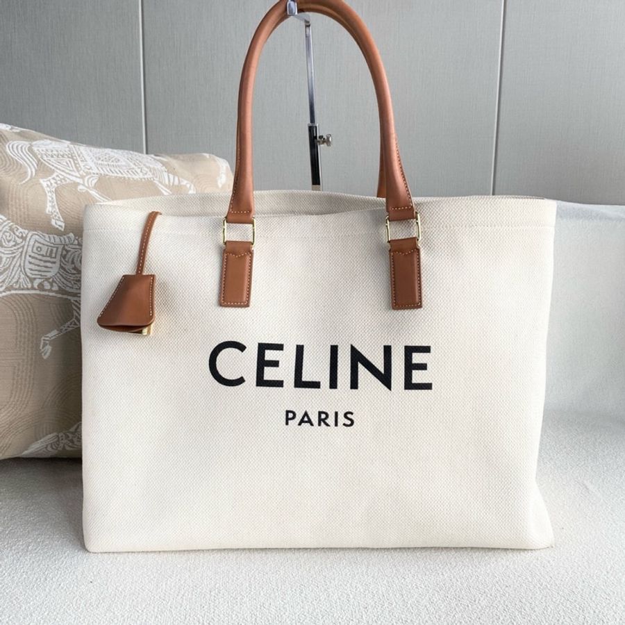 Celine logo 托特包 沙灘包米白拼皮-0
