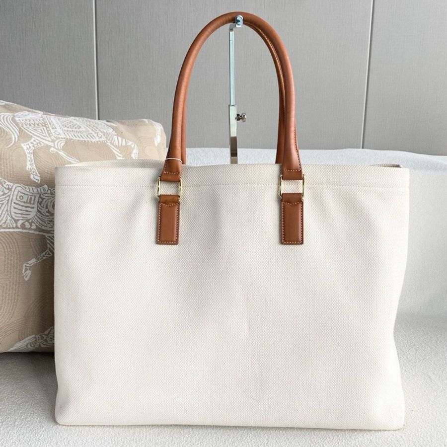 Celine logo 托特包 沙灘包米白拼皮-2