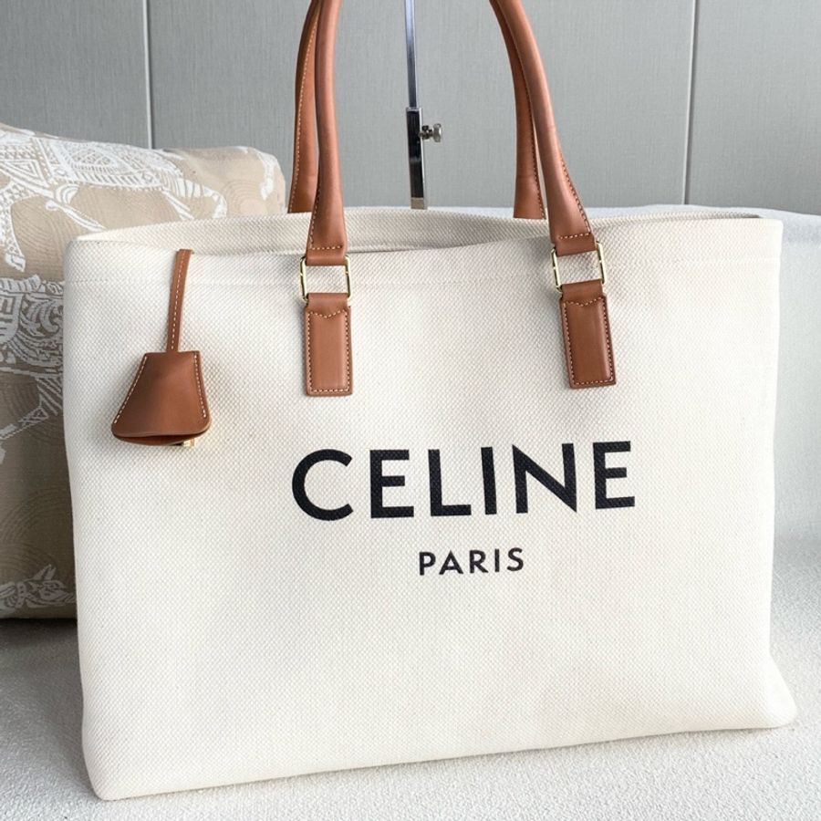 Celine logo 托特包 沙灘包米白拼皮-3