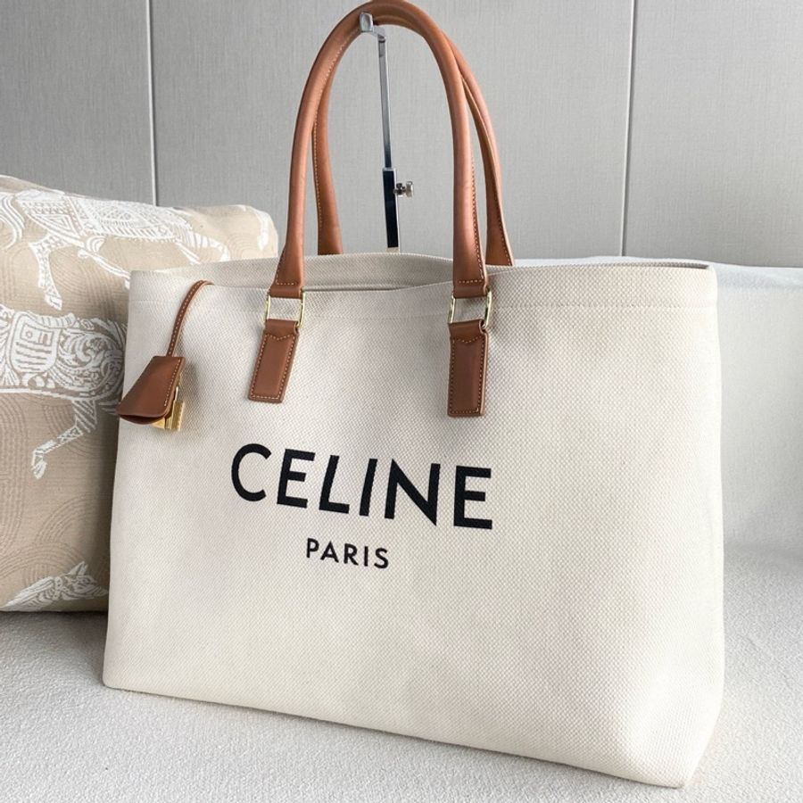 Celine logo 托特包 沙灘包米白拼皮-5