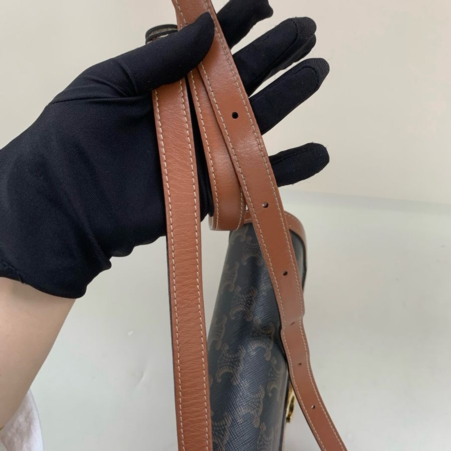 CELINE賽琳 Teen Triomphe 金色鎖扣凱旋門老花印花 帆布拼牛皮革 單肩包斜挎包 小號 棕褐色拼黃褐色-8